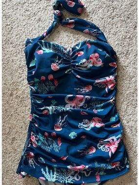 Esther Williams Royal Blue Halter One-Piece Swimdress with Pink Octopus Print